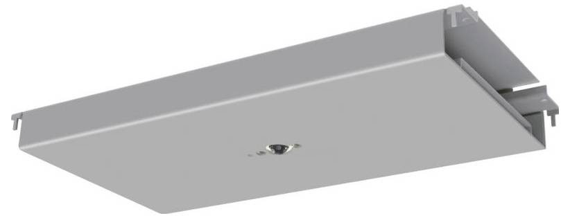 Ein weißes, kreisförmiges Einbaustrahler-Licht mit Metallfedern auf beiden Seiten, das zum Anbringen von Leuchten in Decken verwendet wird.