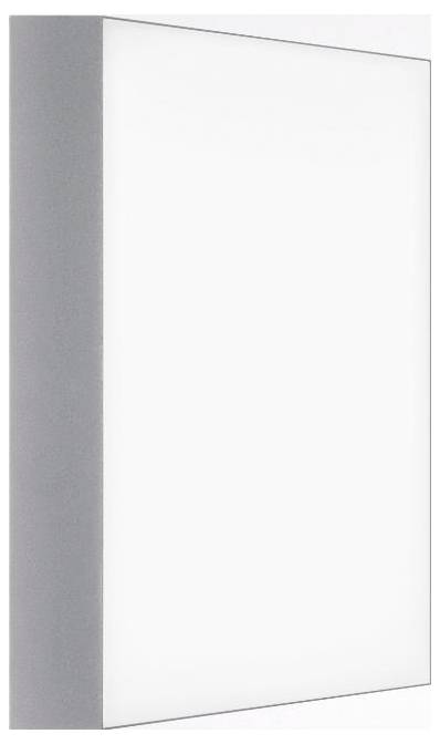 Rechteckiges weiß leuchtendes Panel mit silbernem Rahmen, von schräg betrachtet. Das Panel gibt ein weiches, gleichmäßiges Licht ab.