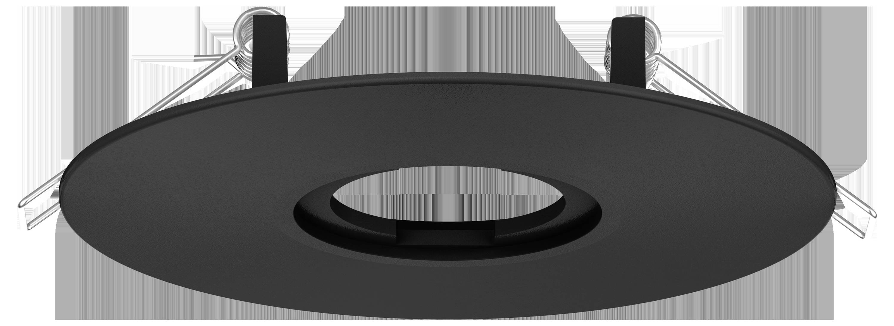 Eine schwarze runde Einbauleuchte mit verstellbaren Montageklammern und zentraler Fassung. Geeignet für Deckeninstallationen.