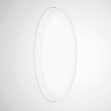 Weiße runde, wandmontierte Leuchte mit minimalistischem Design vor einfachem grauem Hintergrund.