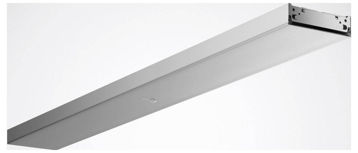 Eine lange, weiße LED-Leuchte, die für gewerbliche oder industrielle Umgebungen konzipiert ist und ein elegantes, minimalistisches Design aufweist.