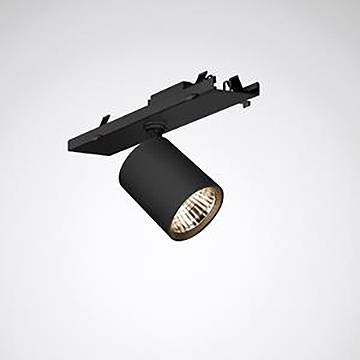 Eine schwarze Schienenleucht mit zylindrischem Design, fokussierter Lichtstrahl, geeignet für moderne Innenbeleuchtung.