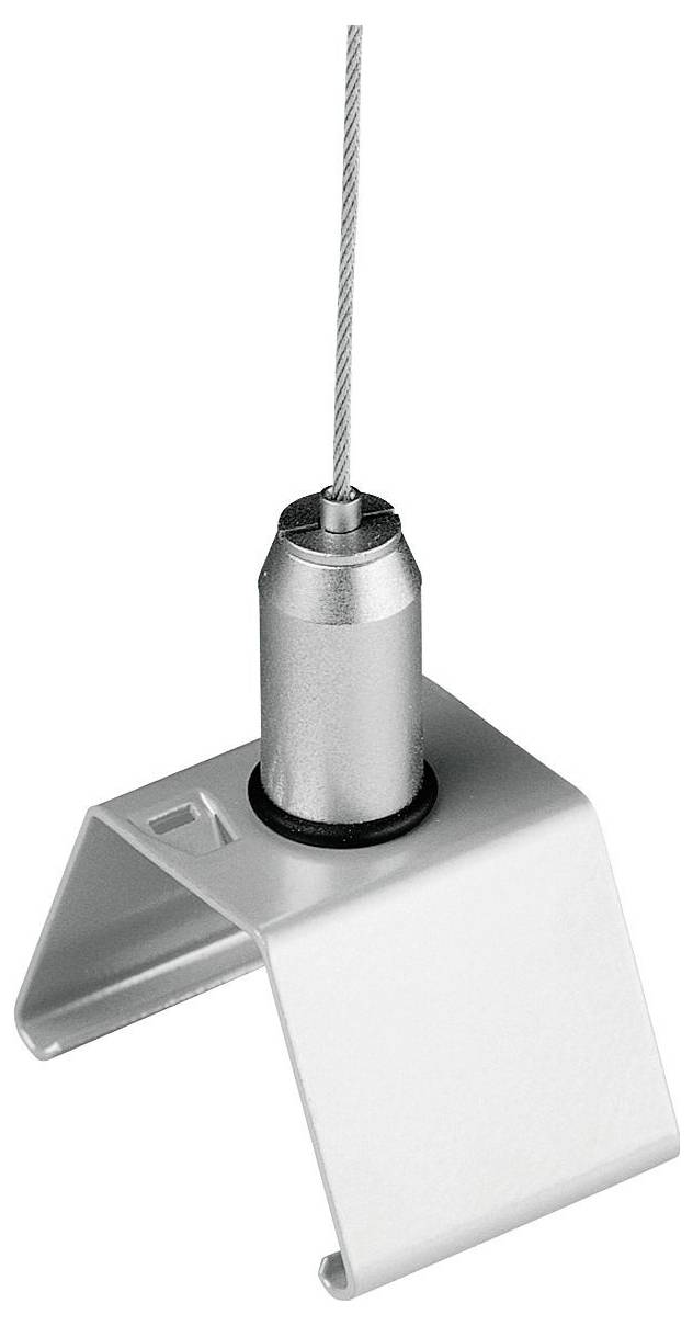 Ein silbernes Kabelaufhängungssystem zum Aufhängen von Objekten, mit einem Metallblock und Drahtseilen, typischerweise für Beleuchtung oder Ausstellungen.