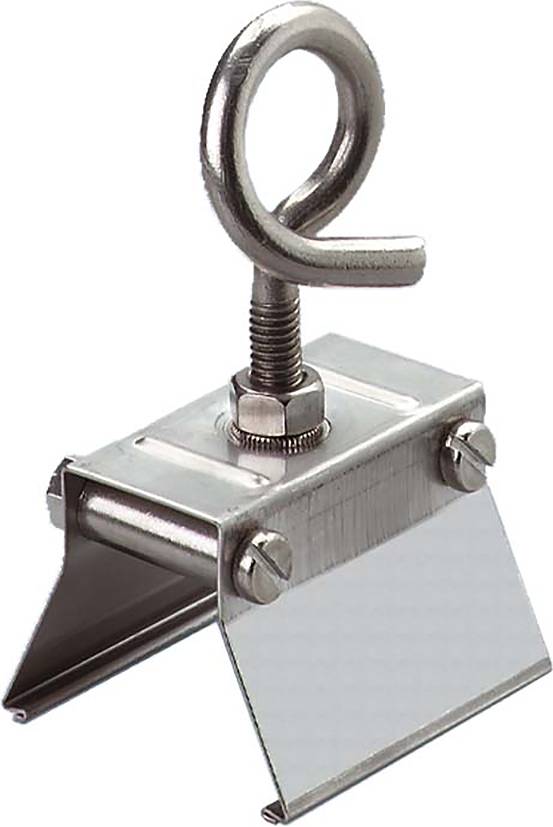 Eine Metallkabelschelle mit Augenschraube, mit einem U-förmigen Halter und Spannmechanismus, zum Sichern von Kabeln oder Drähten.