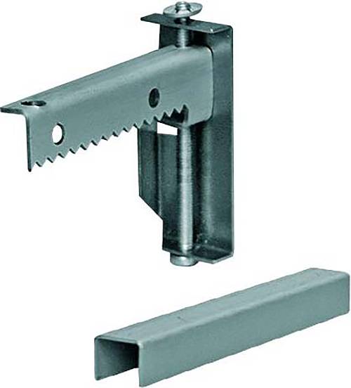 Metallhalterung mit Schrauben und gezahnten Kanten für verstellbare Unterstützung. Enthält ein U-förmiges Metallteil.