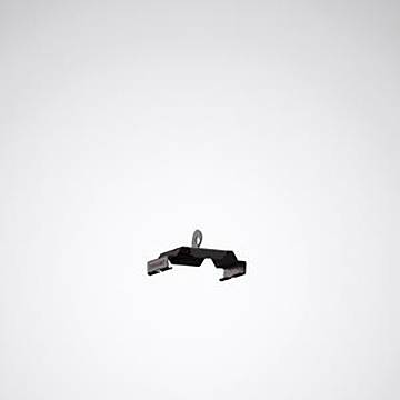 Eine kleine, schwarze Metallhalterung mit einem Haken in der Mitte wird vor einem schlichten weißen Hintergrund präsentiert.