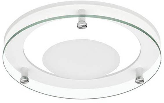 Eine kreisförmige Deckenleuchte mit modernem Design, bestehend aus einer mattierten Glasscheibe, umgeben von einem klaren Glasring, befestigt durch Metallhalterungen.