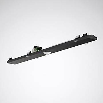 Schwarze rechteckige LED-Leuchte, die von der Decke hängend montiert ist und ein minimalistisches Design mit zentralem Diffusor zur gleichmäßigen Lichtverteilung aufweist.