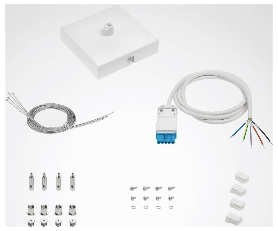 Sortiment von Elektrokomponenten, bestehend aus einem Kabel mit Stecker, einer flachen quadratischen Verteilerdose, Kabelbindern und verschiedenen Befestigungselementen.