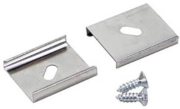 Metallclips und zwei Schrauben auf weißem Hintergrund, vermutlich Teil eines Montage- oder Befestigungssatzes.