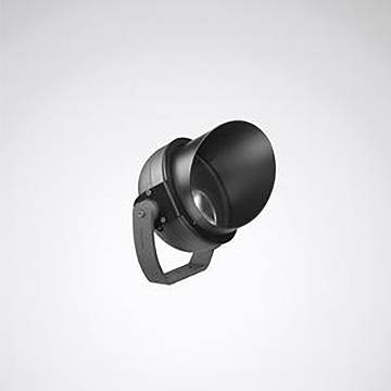 Ein schwarzer, moderner Scheinwerfer mit einer verstellbaren Halterung, nach oben gerichtet, vor einem schlichten grauen Hintergrund.