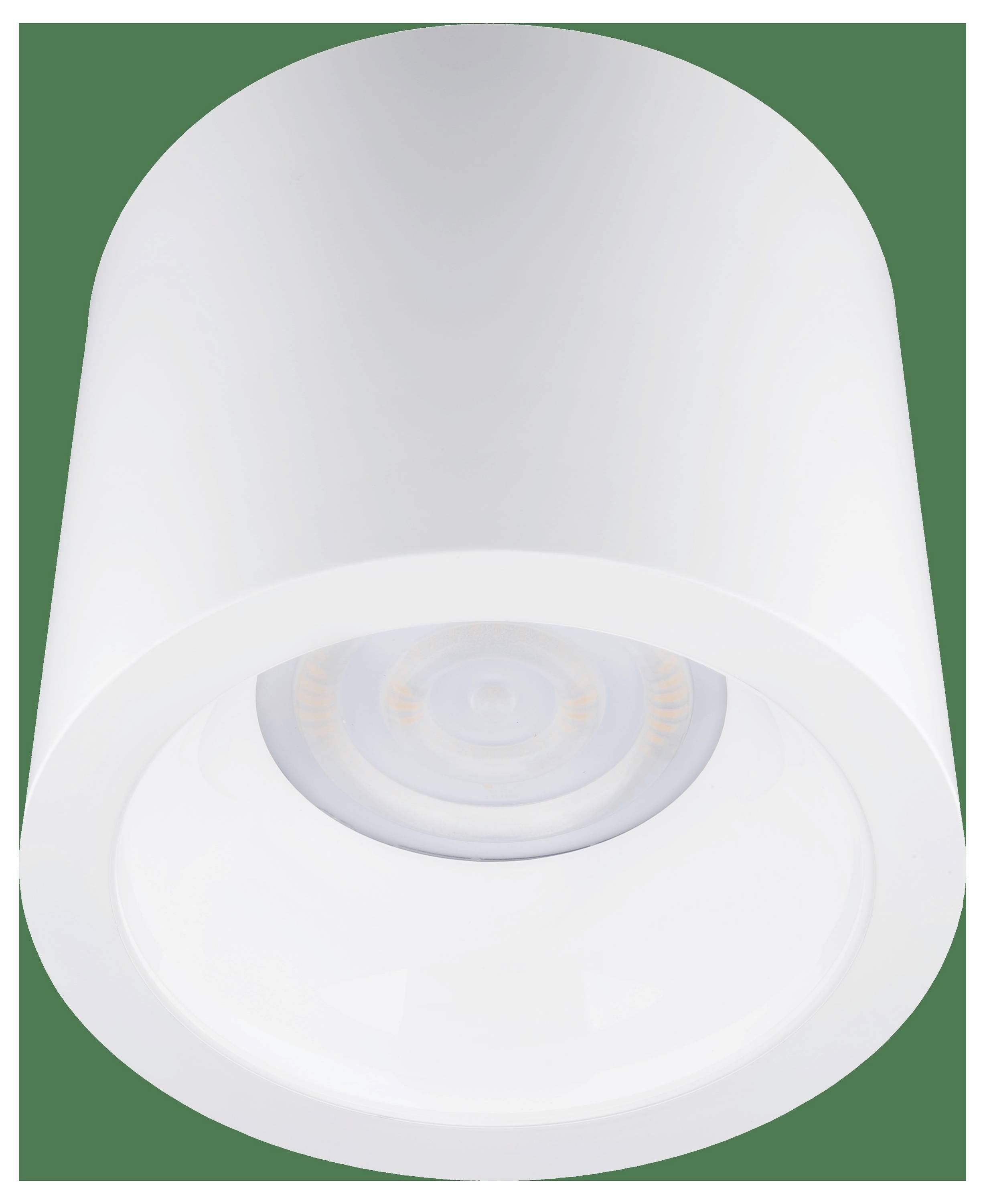 Eine weiße zylindrische Deckenleuchte auf grünem Hintergrund.