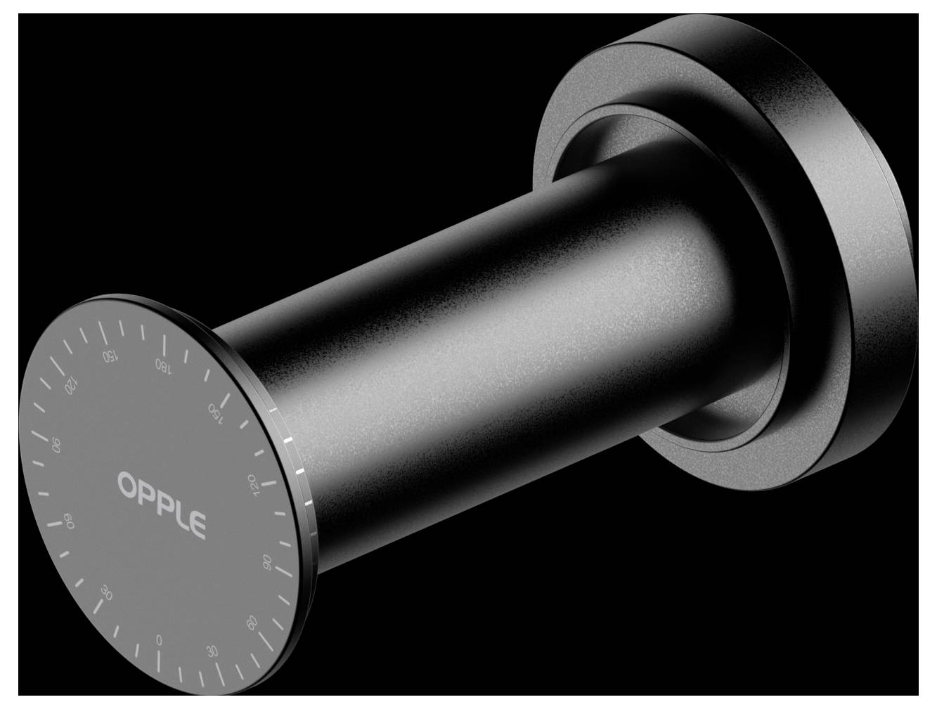 Ein zylindrisches Metallgerät mit der Bezeichnung 'OPPLE' mit einem Zifferblatt an einem Ende, das Messskalen aufweist; scheint ein Sensor oder Messinstrument zu sein.