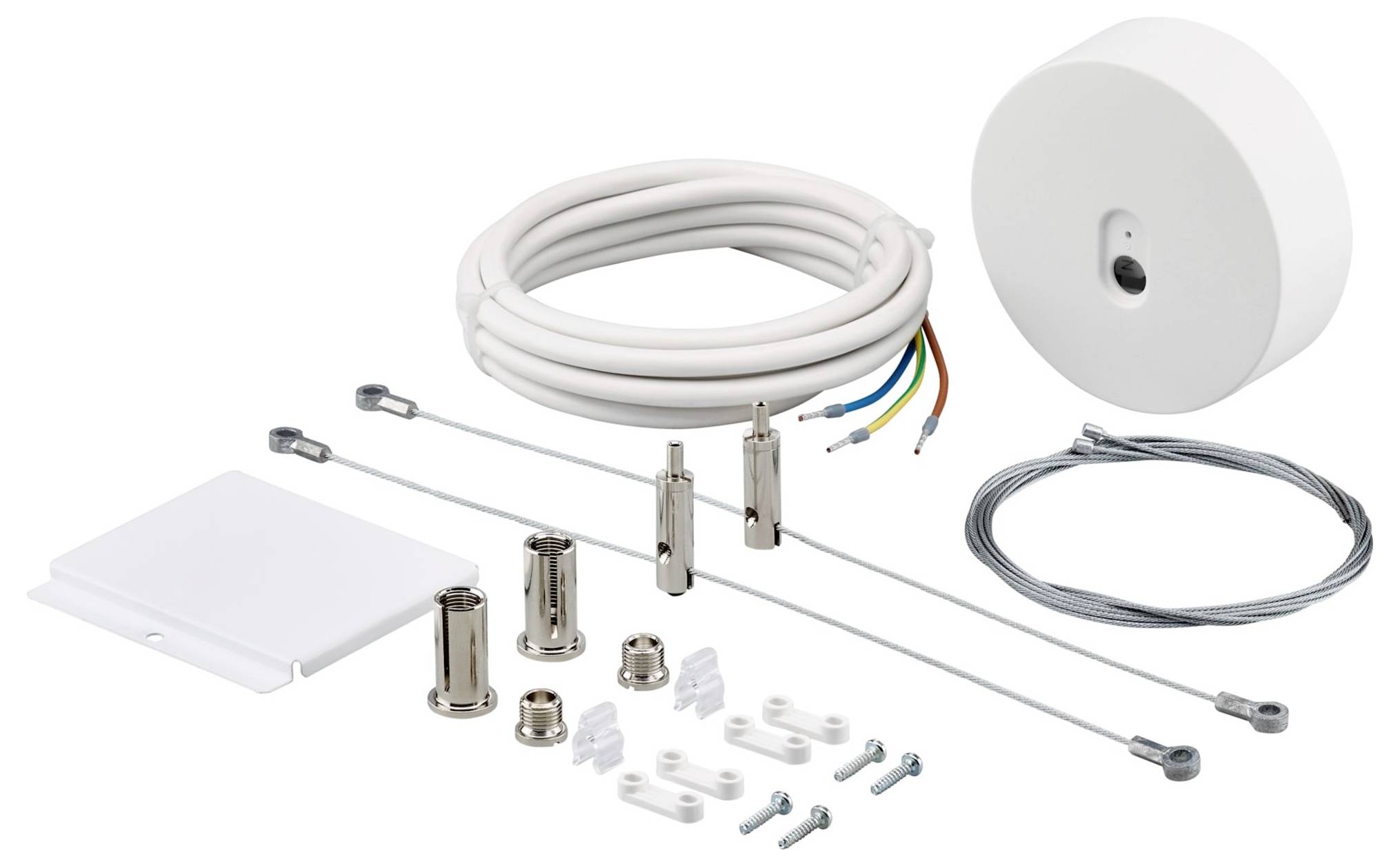 Installationsset für Deckenventilator mit Kabeln, Schrauben und einer zylindrischen Komponente zur sicheren Montage und zum Anschluss von Elektrokabeln.
