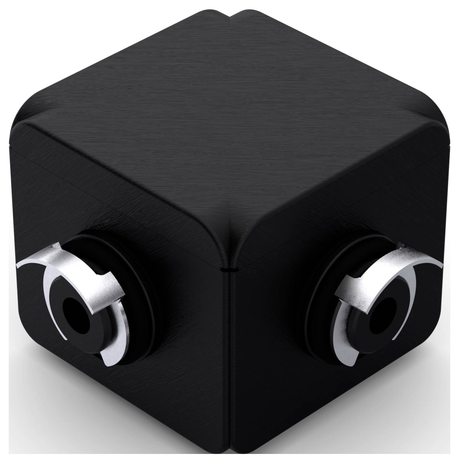 Ein schwarzer Würfel mit abgeschrägten Kanten, der vier identische kreisförmige Elemente aufweist, jedes mit einem silbernen Ring und schwarzem Mittelkreis.