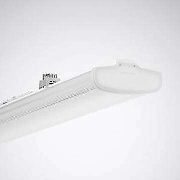 Eine weiße, längliche LED-Deckenleuchte vor grauem Hintergrund, entworfen für kommerzielle oder industrielle Umgebungen.