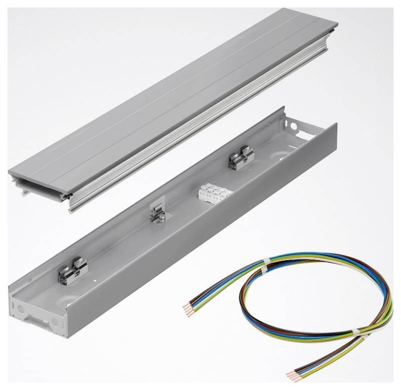 Dreiteiliger Steckdosenleisten-Montageset einschließlich Oberfläche, Hauptgehäuse mit Anschlüssen und einem mehrfarbigen Kabelpaket.