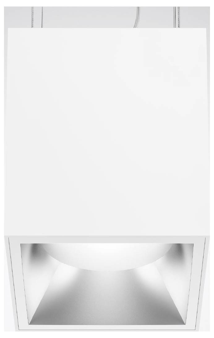 Ein modernes quadratisches Pendelleuchte mit weißem Metallfinish und integrierter LED, die weiches Licht nach unten wirft. Geeignet für zeitgenössische Innenräume.