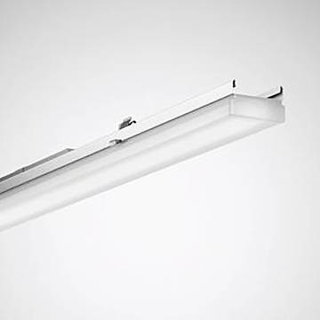 Eine hängende, moderne LED-Leuchte mit schlankem rechteckigem Design, grauer Farbe und integriertem Diffusor, montiert vor einem schlichten Hintergrund.