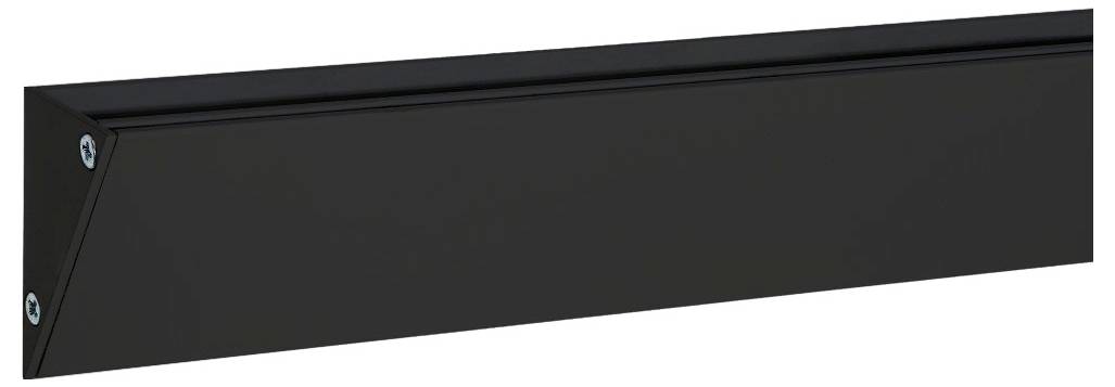 Eine verlängerte Schwarz-Silber-Schienenleuchtenfassung mit sichtbarem Anschluss am rechten Ende.