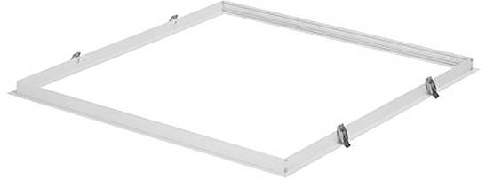 Ein weißer rechteckiger Metallrahmen mit vier verstellbaren Clips auf jeder Seite, wahrscheinlich zur Befestigung eines Panels oder einer Abdeckung gedacht.