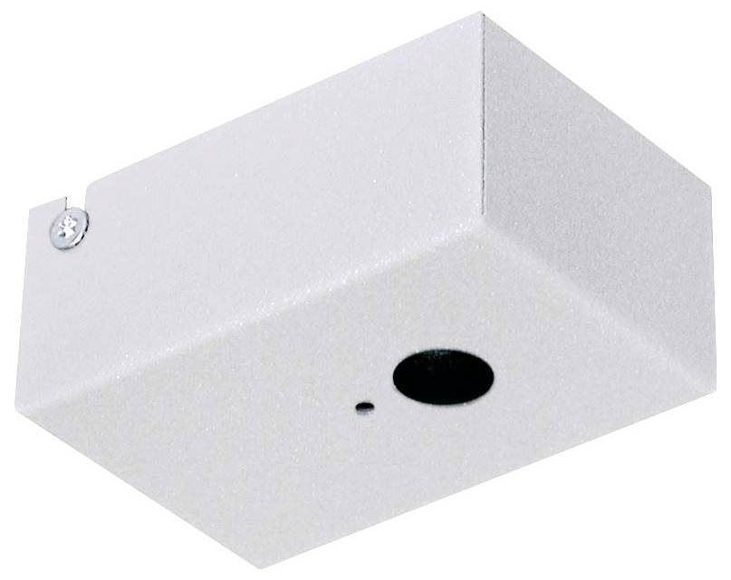Eine weiße Metallbox mit einem kreisförmigen Loch und einer kleinen Öffnung, möglicherweise zum Montieren oder Gehäuse eines Geräts.