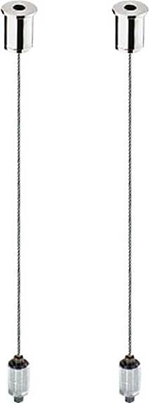 Zwei metallische Deckenverankerungen, die durch dünne Kabel mit gespannten Gewichten darunter verbunden sind und zum Befestigen oder Halten von Objekten über Kopf verwendet werden.