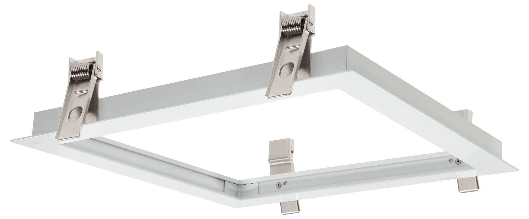 Ein weißer rechteckiger LED-Panel-Leuchtenrahmen mit verstellbaren Metallclips, designed für die Deckeninstallation.