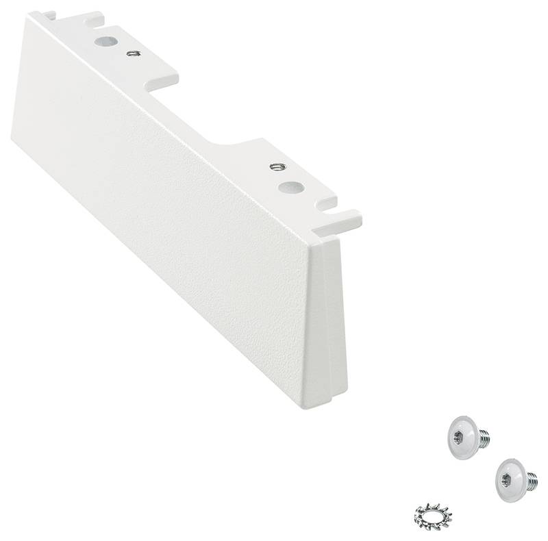 Weißes Paneel mit zwei Befestigungsschrauben und einem Kreisring; Hardwarekomponente für Befestigungs- oder Stützungszwecke.