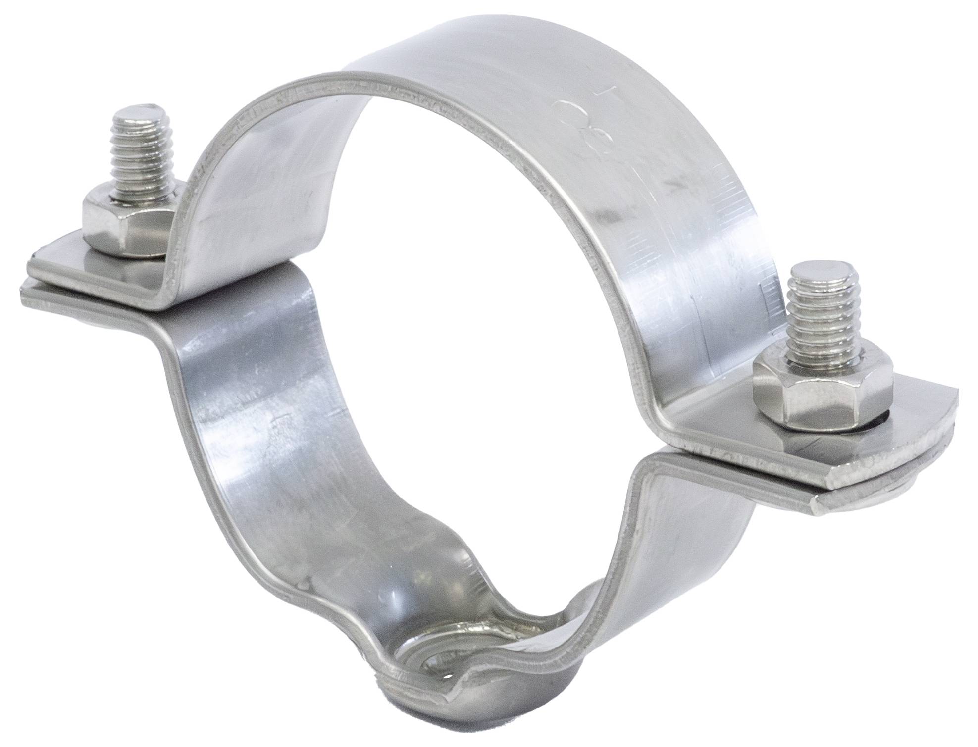 Eine silberne Metallklemme mit einer Schraube und einer Mutter auf jeder Seite, die zum Befestigen von zylindrischen Objekten, möglicherweise Rohren, vorgesehen ist.