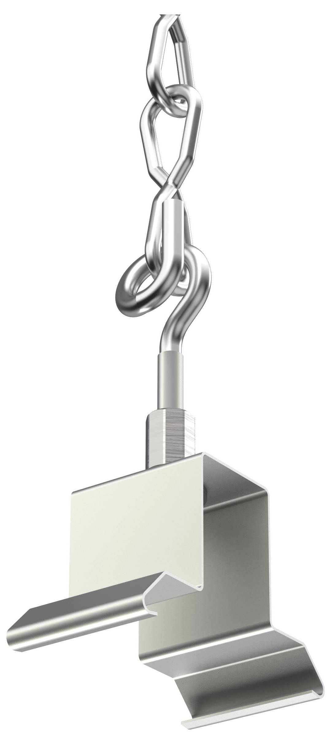 Eine an einer Kette befestigte Metallzange, die zum Aufhängen oder Sichern von Objekten verwendet wird.