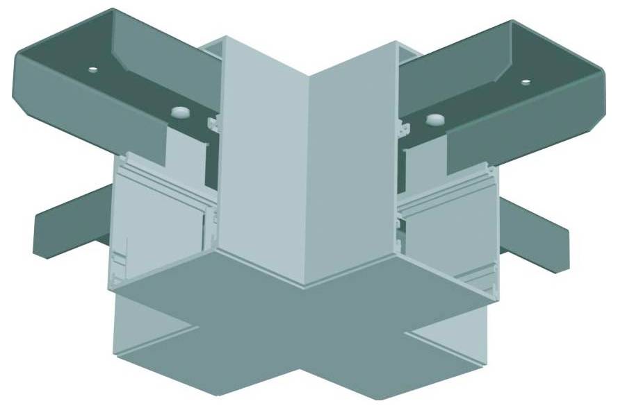 Ein Deckenabschnitt, der eine kreuzförmige Metallstützstruktur mit Balken und Halterungen zeigt, die zur strukturellen Verstärkung ausgelegt ist.