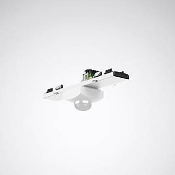 Ein an der Decke montiertes weißes Gerät mit mehreren Sensoren, wahrscheinlich eine Komponente eines Smart-Home- oder Bürosystems, vor einem schlichten Hintergrund.
