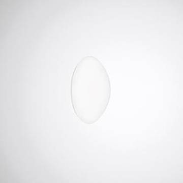 Eine kleine, glatte, weiße, ovale Form, die auf einem schlichten, hellgrauen Hintergrund zentriert ist.
