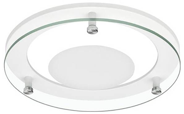 Eine moderne runde Deckenleuchte mit minimalistischem Design, die ein mattiertes Glaszentrum mit einem umgebenden Ring aus Klarglas aufweist.
