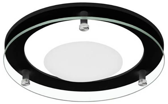 Eine moderne kreisförmige Deckenleuchte mit schwarzem Rand, transparentem Glasring und zentraler weißer leuchtender Scheibe.