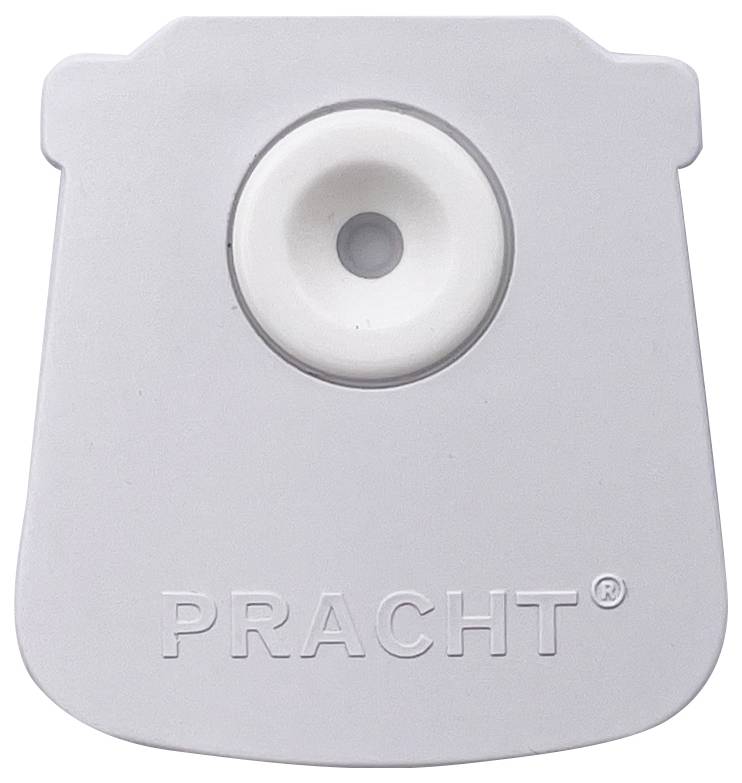 Ein weißes rechteckiges Objekt mit einem zentralen kreisförmigen Loch, unten mit „PRACHT