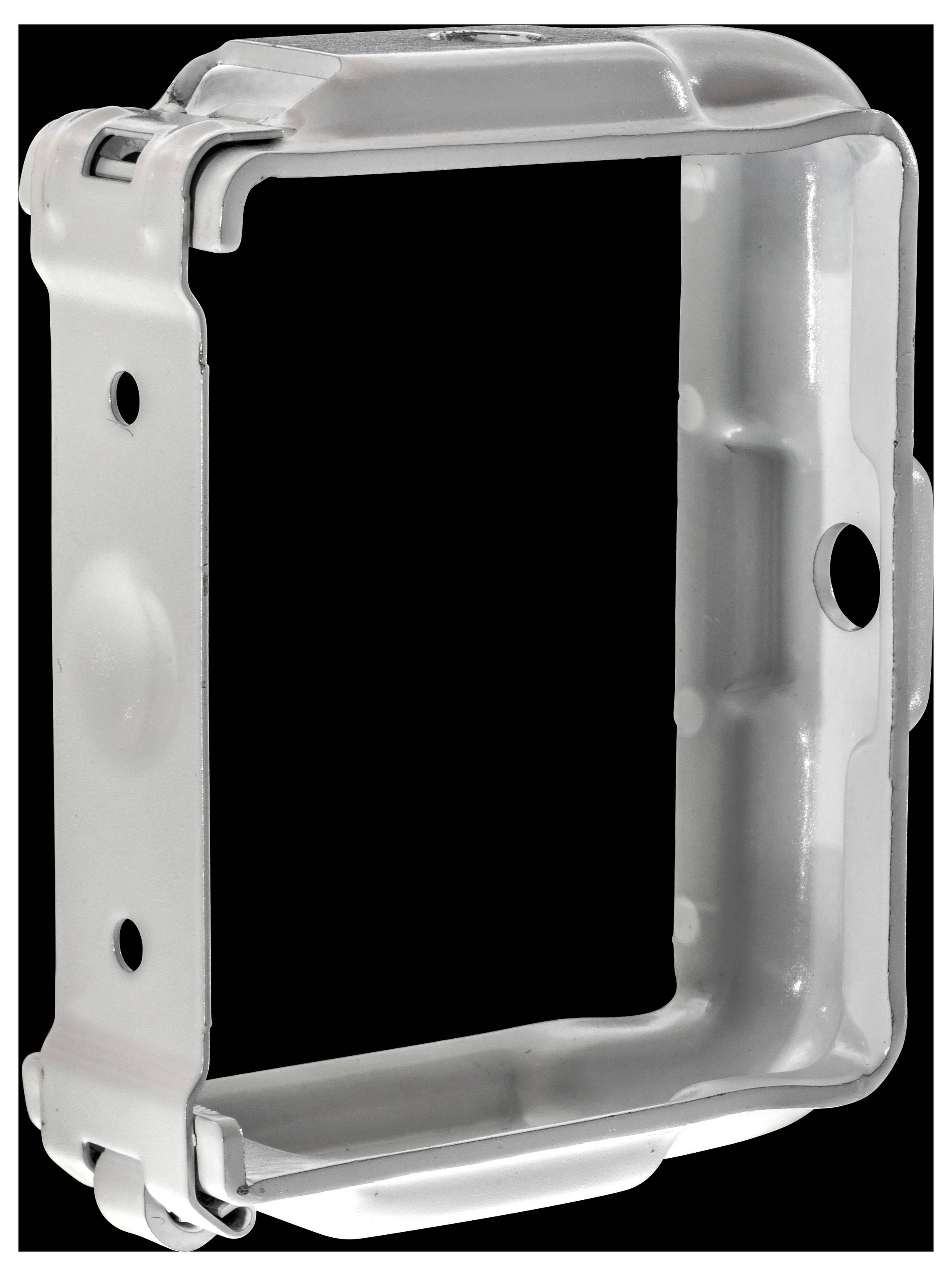 Eine metallische elektrische Schalterdose-Halterung, rechteckig mit Löchern an den Seiten, wird zum Montieren von Steckdosen oder Schaltern verwendet.