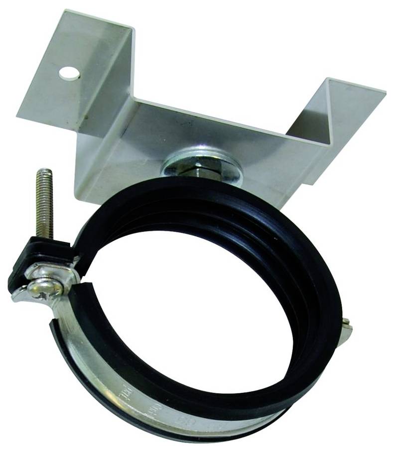 Eine Metall- und Gummi-Rohrschellenbefestigung, typischerweise zum Befestigen von Rohren an Wänden oder Decken verwendet, mit einer Spannschraube zur Verstellung.