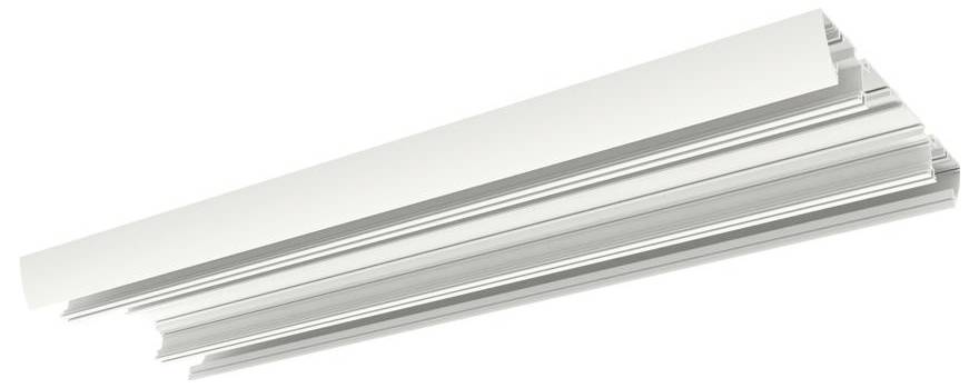 Aluminium-Strangpressprofil, weiß, rechteckige Form, mit mehreren Kammern und Nuten. Wird in Bau- und Architekturprojekten verwendet.