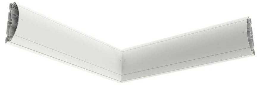 Eine L-förmige, weiße Gehäuseeinheit für Einbau-Linearleuchten, konzipiert für die Eckinstallation in architektonischen Anwendungen.