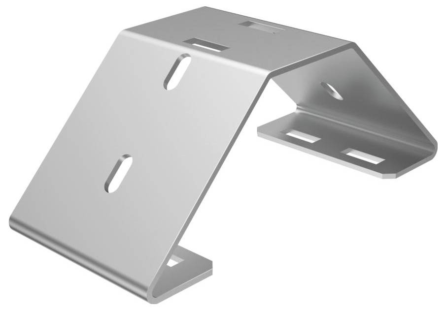 Eine silberne, abgewinkelte Metallhalterung mit Schlitzlöchern zur Montage oder Unterstützung, geformt wie ein umgekehrtes 