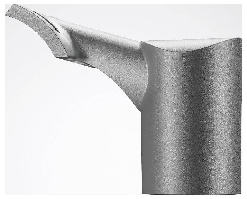 Ein schlanker moderner Wasserhahn in metallischer Ausführung mit minimalistischem Design, mit einer Auslaufform, die sich von einem zylindrischen Sockel nach oben wölbt.