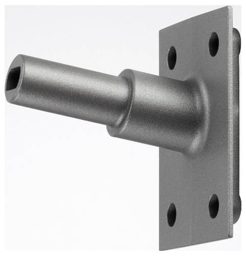 Eine Metallklammer mit einem zylindrischen Vorsprung und vier Befestigungslöchern, häufig für strukturelle Unterstützung oder als Verbindungspunkt verwendet.