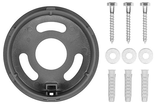 Eine kreisförmige Montageklammer mit drei Schrauben, drei Unterlegscheiben und drei Dübeln für Installationszwecke.