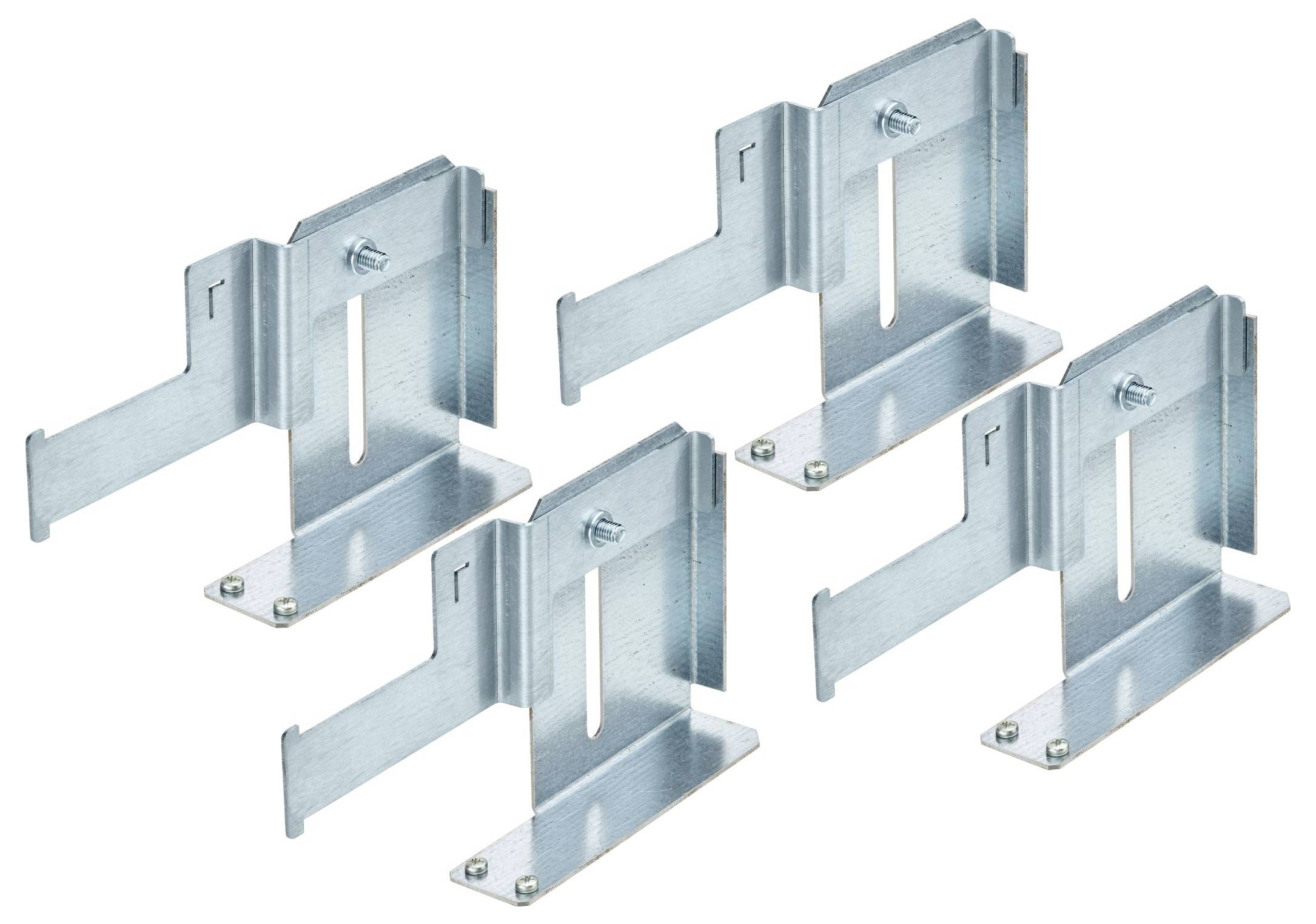 Vier Metallhalterungen, in zwei Reihen angeordnet, mit rechteckiger Form und Ausschnitten, die für strukturelle Unterstützung oder Montagezwecke verwendet werden.