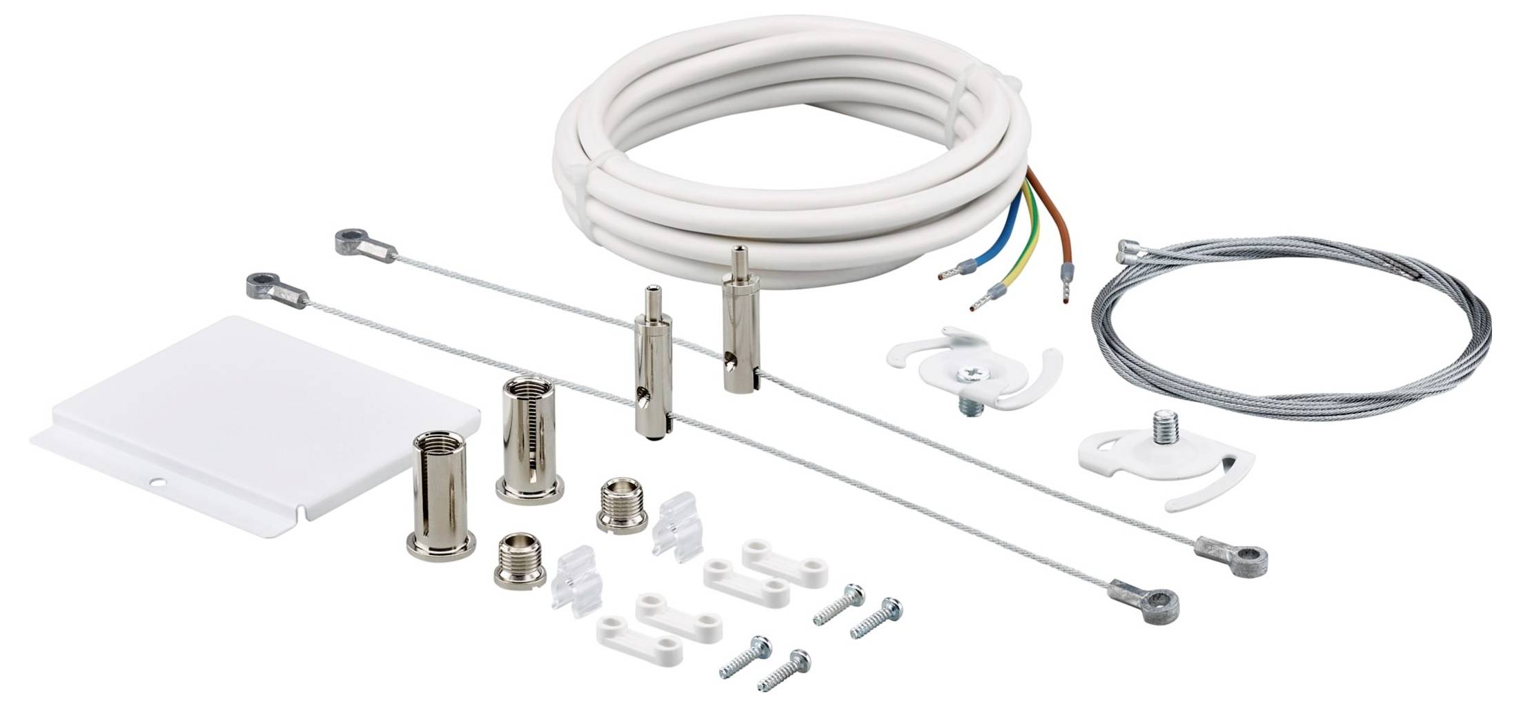 Deckenmontageset für Kabel mit mehreren Metallverbindern, Schrauben, Kunststoffankern, einem aufgerollten Stromkabel und Montageklammern.