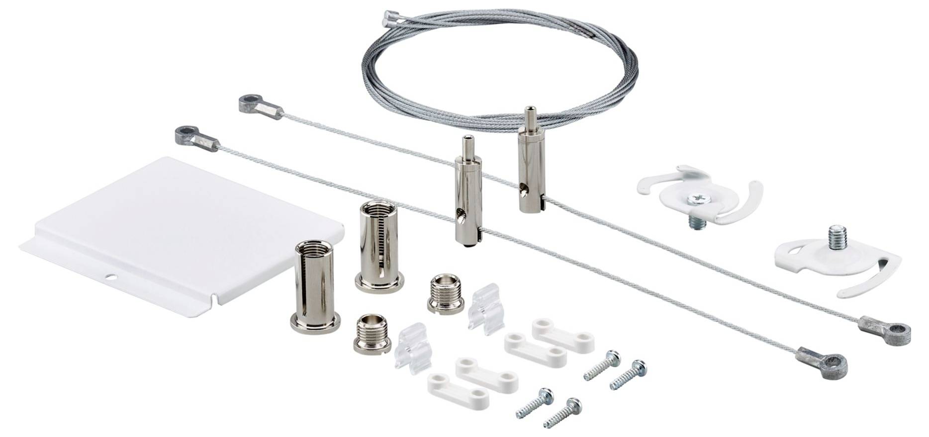 Kabel-Aufhängungssystem-Set mit Kabeln, Befestigungen und Schrauben zur Installation von an der Decke montierten Strukturen.