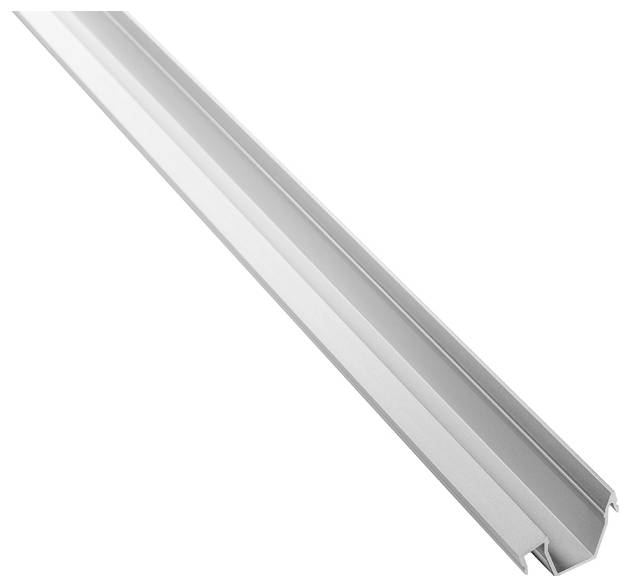 Eine Metall-U-Kanal-Schiene mit glatter Oberfläche, aus einem Winkel betrachtet, der ihre Länge und reflektive Oberfläche hervorhebt.