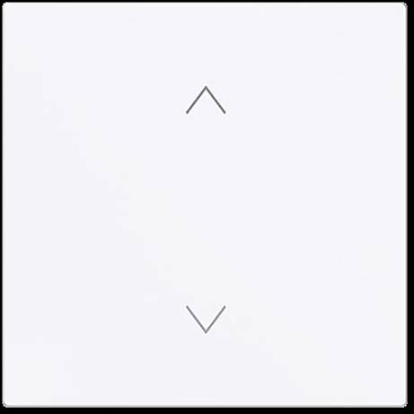 Ein weißes quadratisches Aufzugsschaltertableau mit zwei schwarzen Pfeilen: einer zeigt nach oben und einer nach unten, was Richtungsoptionen anzeigt.